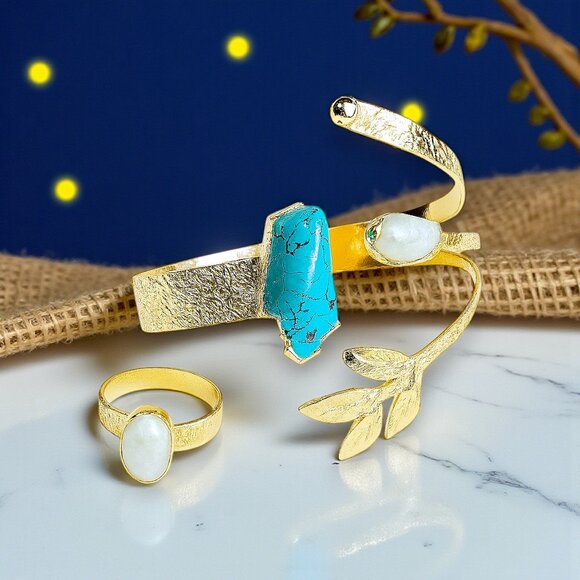 ๐๏ธBoho Artisan Jewelry Set 18K Gold Plated Genuine Turquoise Baroque Pearls - Picture 8 of 15